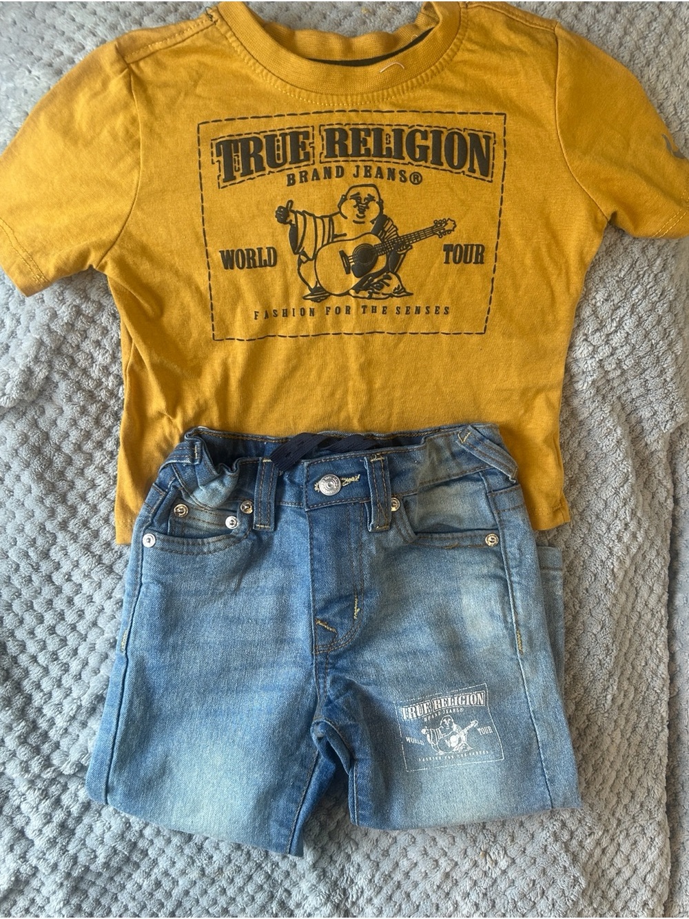 True Religion Mustard Yellow Graphic Tee with Light Blue Denim Shorts